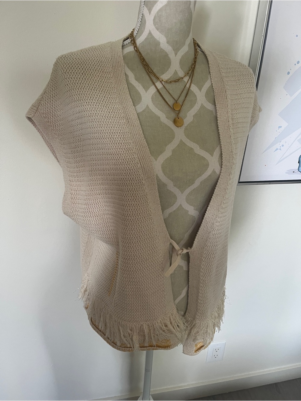 Massimo Dutti Cream Knit Fringe Open-Front Vest